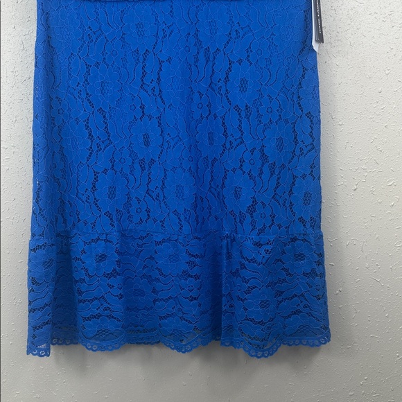 Karl Lagerfeld Paris Blue Lace Sheath Dress V-Neck Flounce Hem NWT $168 Size 12 - Picture 3 of 13